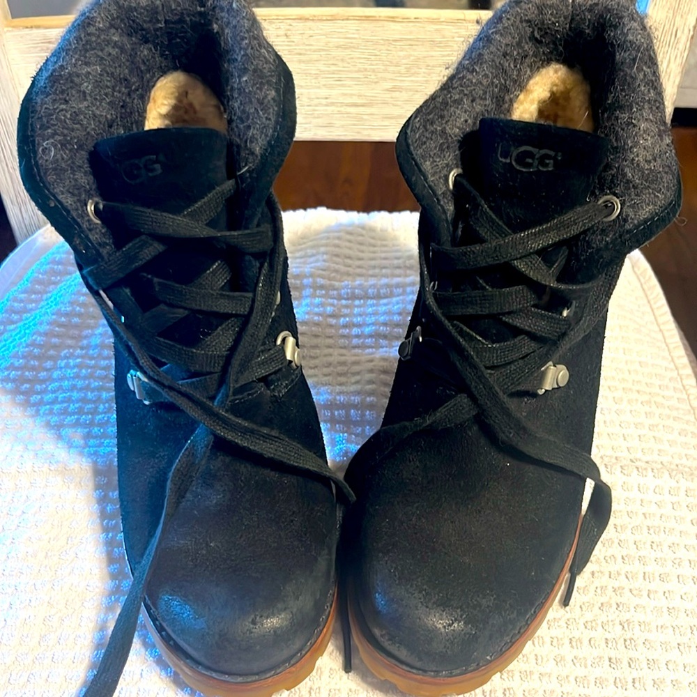 Ugg suede fold down, lace up, high heel boots